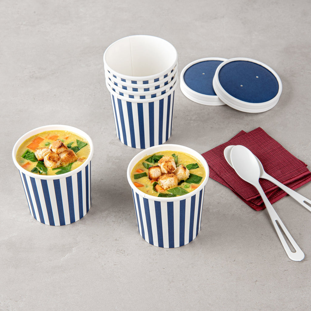 Bio Tek 12 oz Round Blue and White Stripe Paper Soup Container - 3 1/2" x 3 1/2" x 3 1/2" - 200 count box