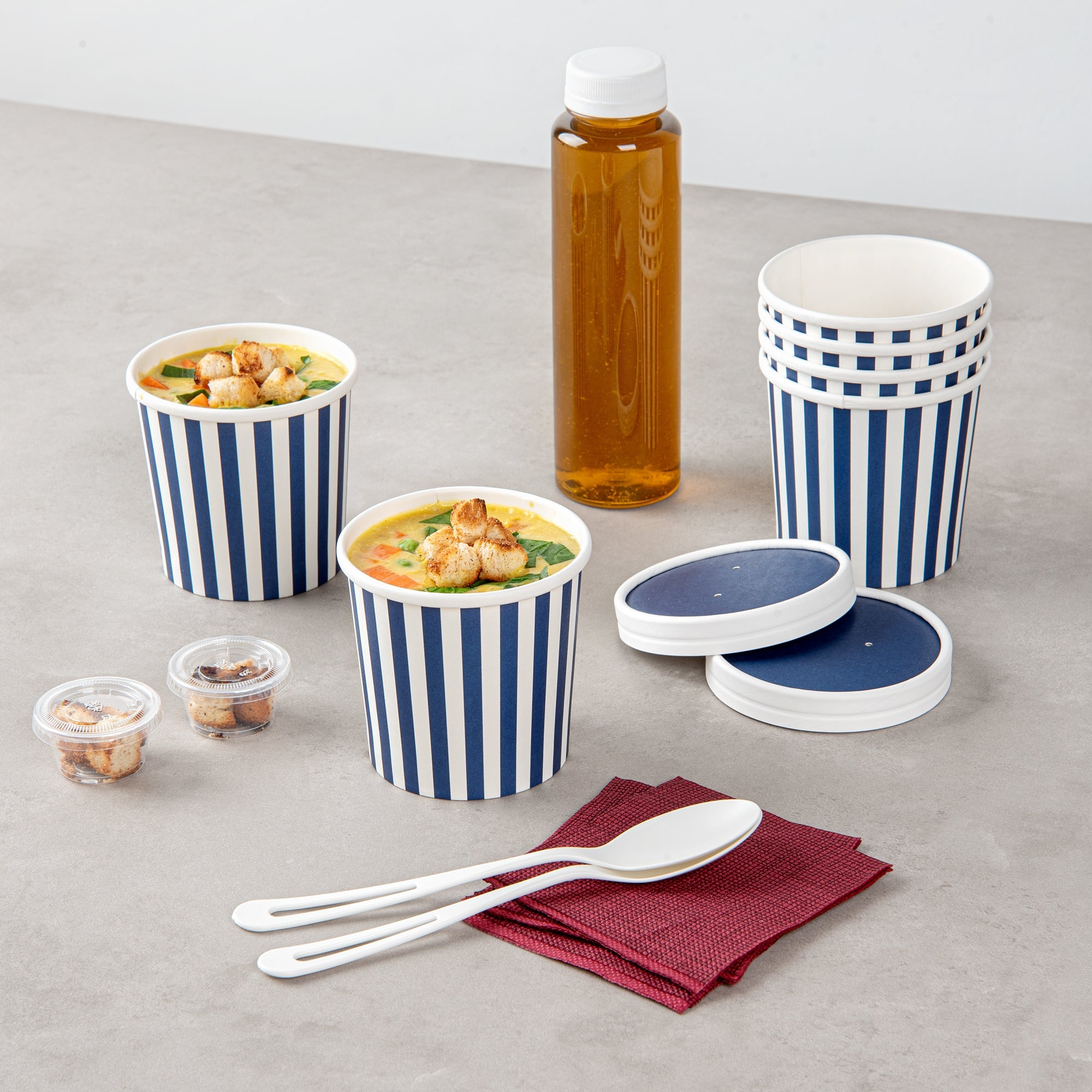 Bio Tek 12 oz Round Blue and White Stripe Paper Soup Container - 3 1/2" x 3 1/2" x 3 1/2" - 200 count box