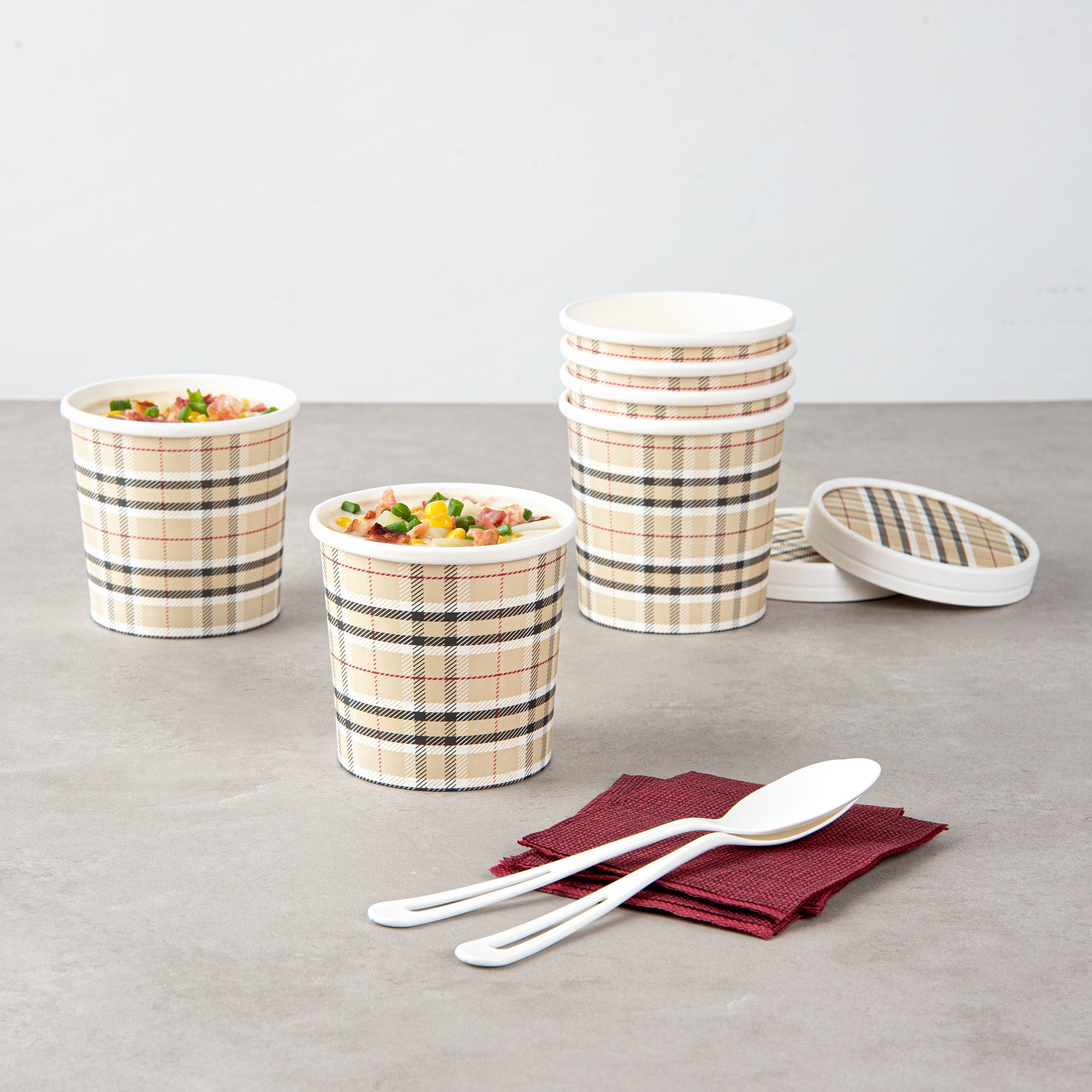 Bio Tek 12 oz Round Plaid Paper Soup Container - 3 1/2" x 3 1/2" x 3 1/2" - 25 count box