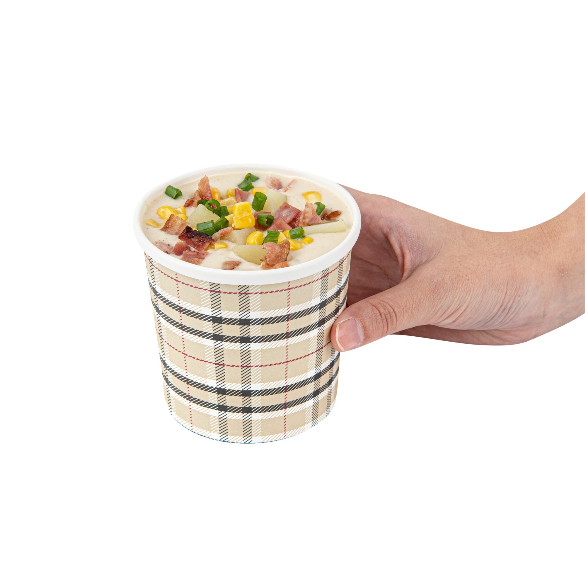 Bio Tek 12 oz Round Plaid Paper Soup Container - 3 1/2" x 3 1/2" x 3 1/2" - 25 count box
