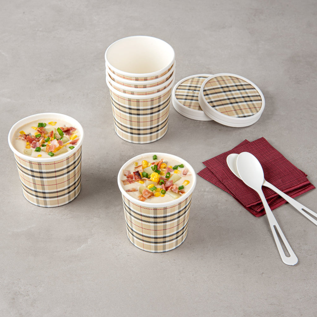 Bio Tek 12 oz Round Plaid Paper Soup Container - 3 1/2" x 3 1/2" x 3 1/2" - 25 count box