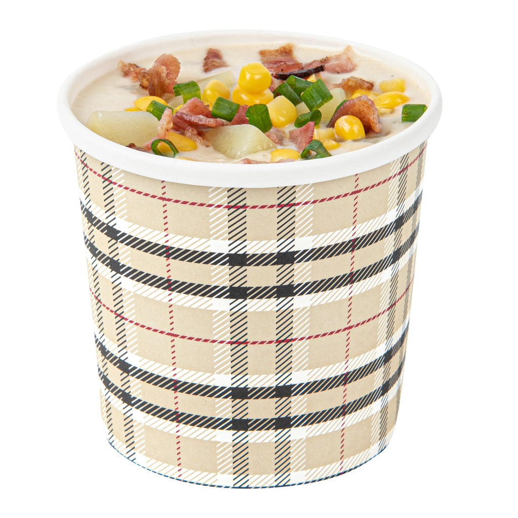 Bio Tek 12 oz Round Plaid Paper Soup Container - 3 1/2" x 3 1/2" x 3 1/2" - 200 count box