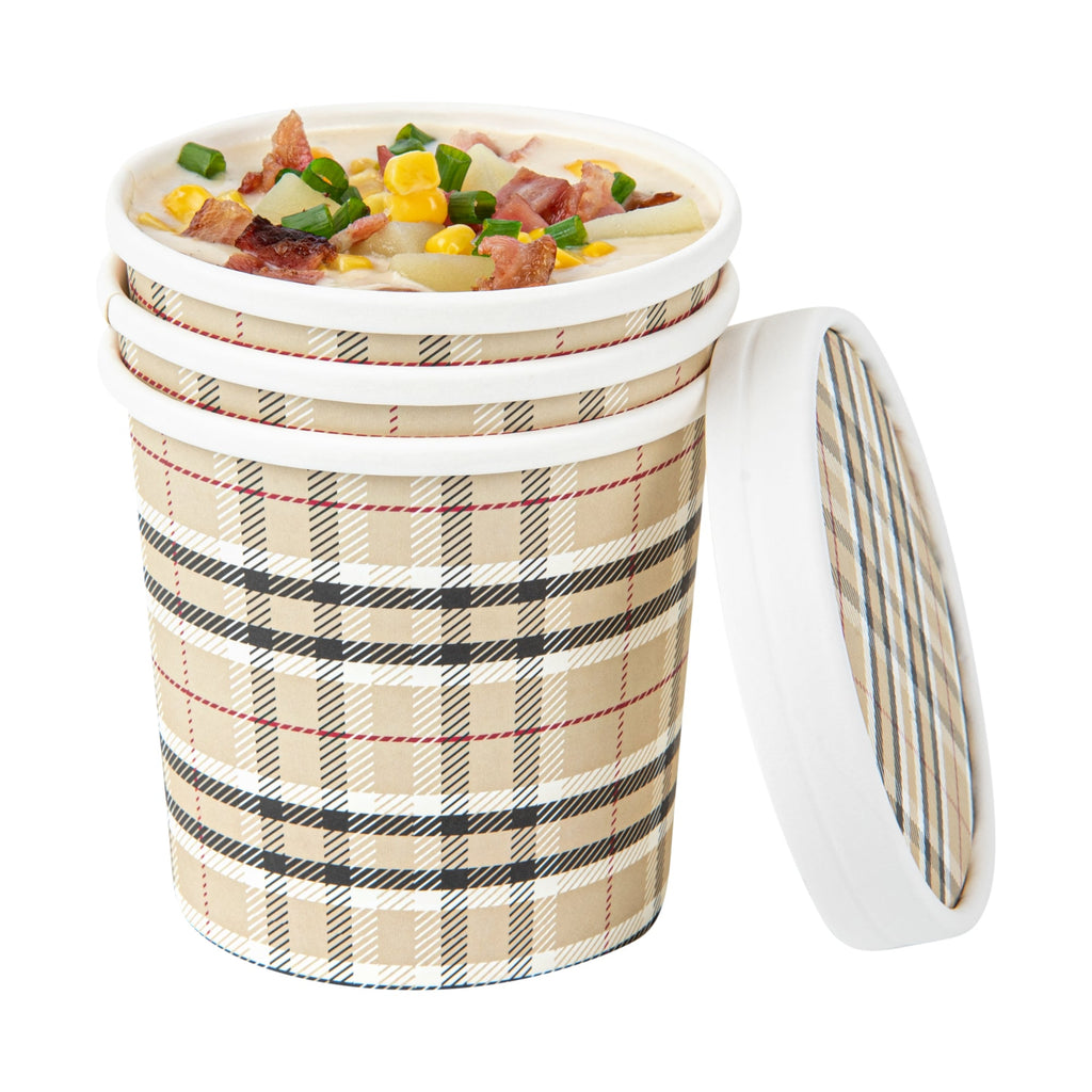 Bio Tek 12 oz Round Plaid Paper Soup Container - 3 1/2" x 3 1/2" x 3 1/2" - 200 count box