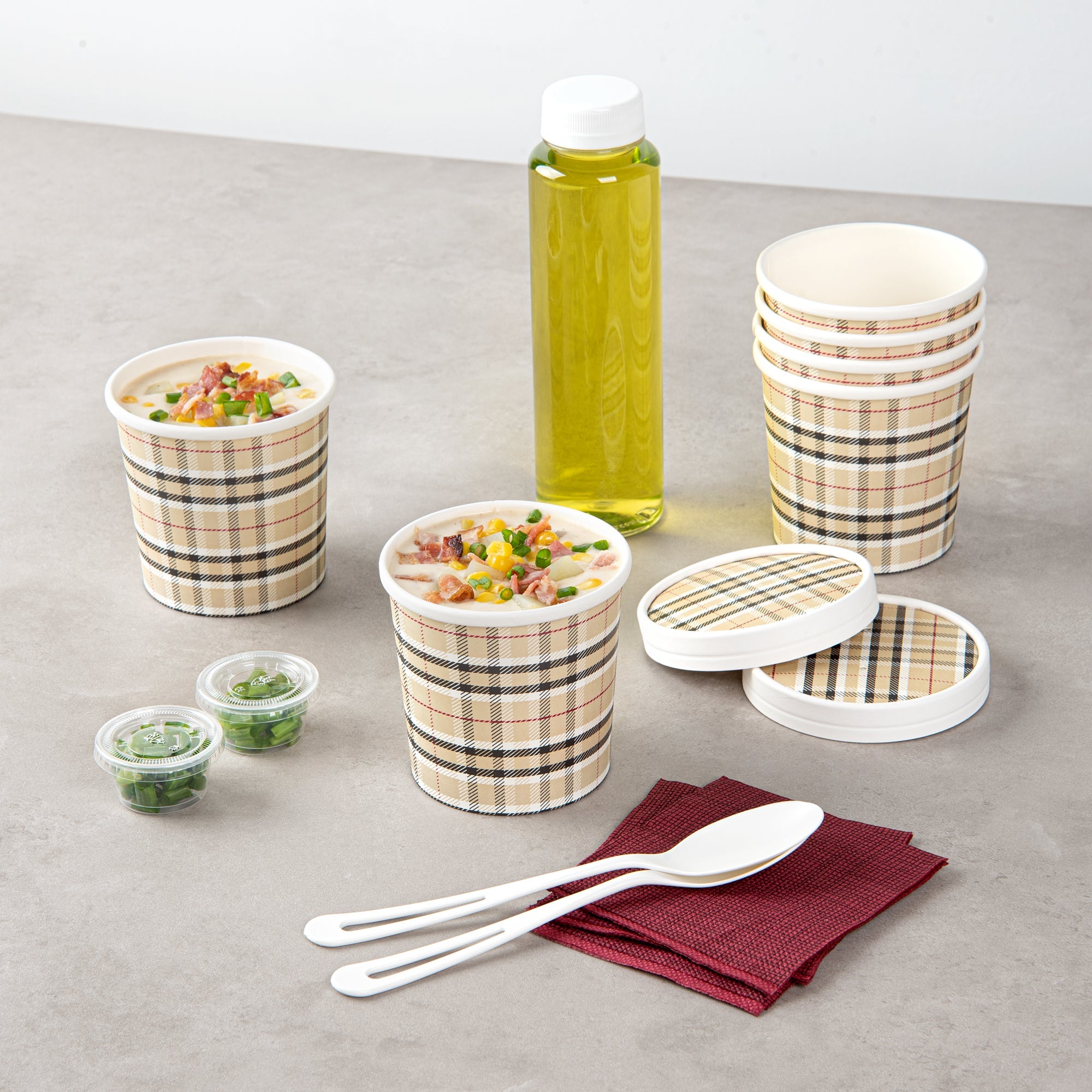 Bio Tek 12 oz Round Plaid Paper Soup Container - 3 1/2" x 3 1/2" x 3 1/2" - 200 count box