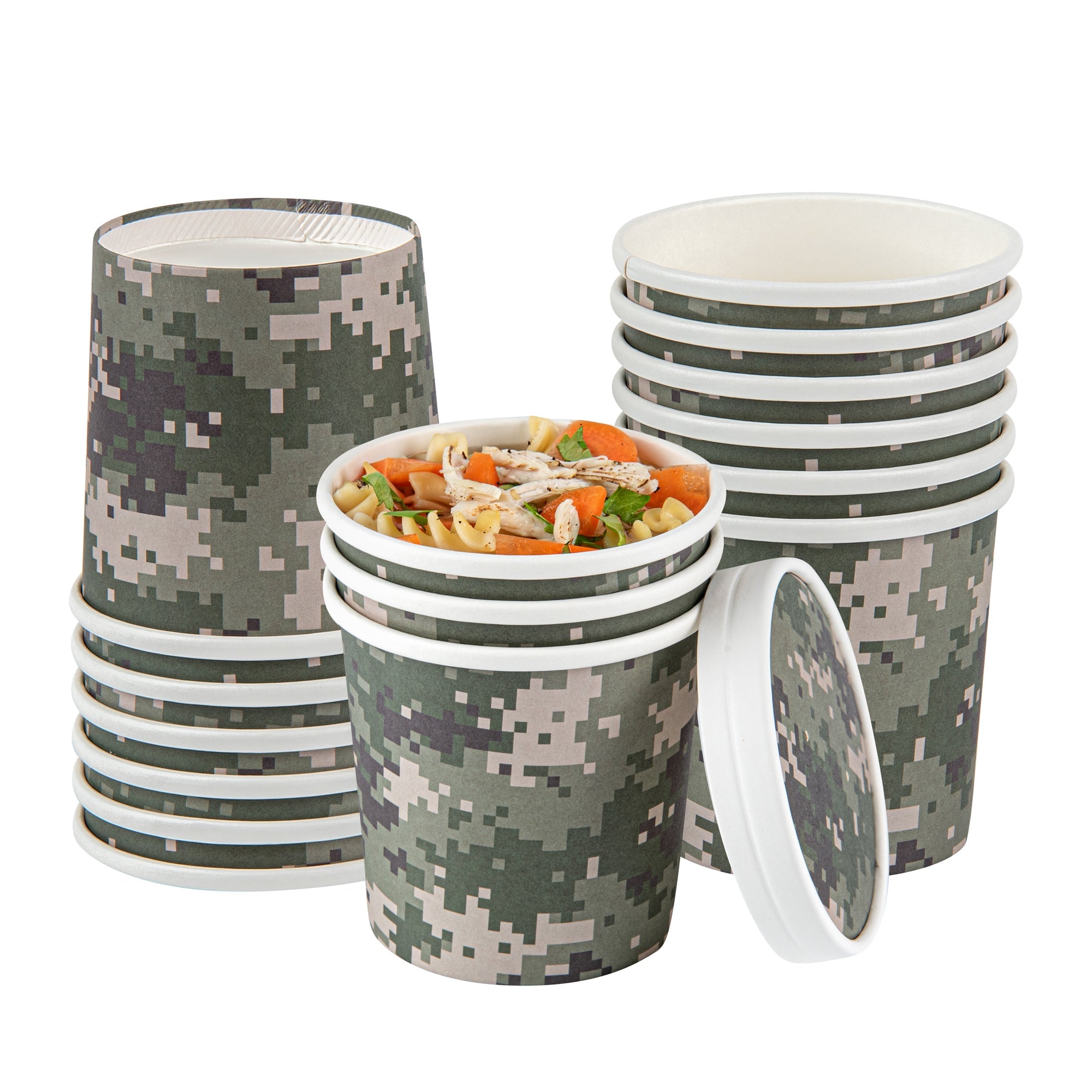 Bio Tek 12 oz Round Camouflage Paper Soup Container - 3 1/2" x 3 1/2" x 3 1/2" - 25 count box