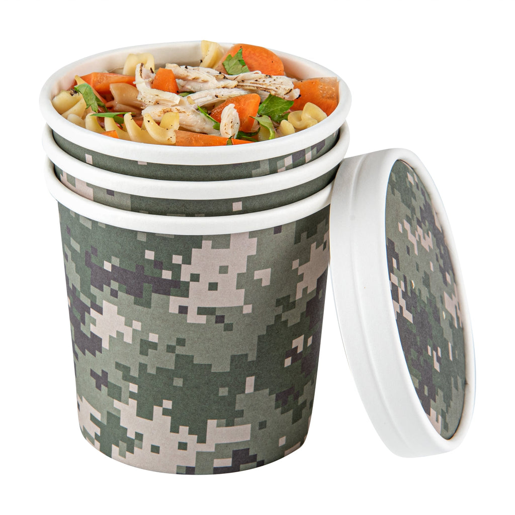 Bio Tek 12 oz Round Camouflage Paper Soup Container - 3 1/2" x 3 1/2" x 3 1/2" - 25 count box