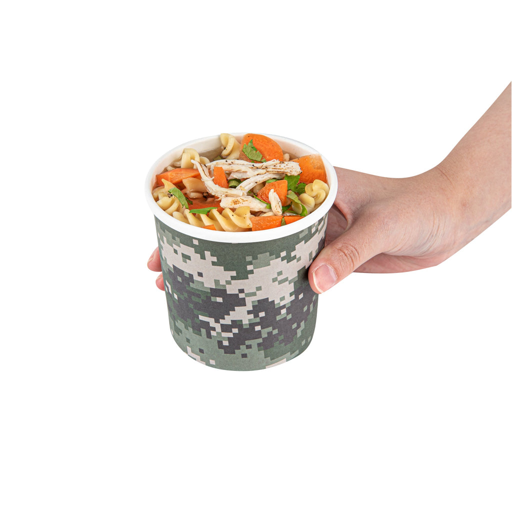 Bio Tek 12 oz Round Camouflage Paper Soup Container - 3 1/2" x 3 1/2" x 3 1/2" - 25 count box