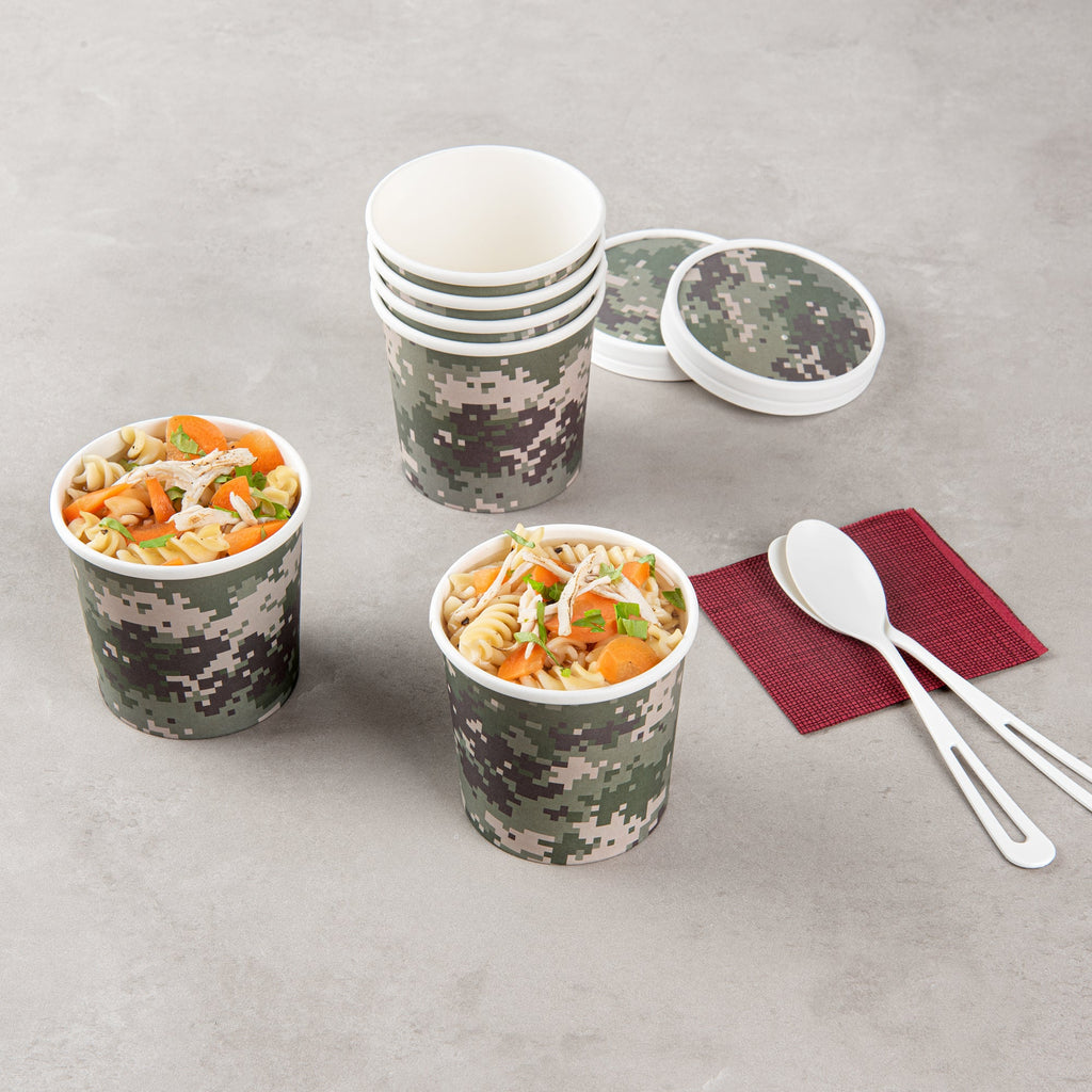 Bio Tek 12 oz Round Camouflage Paper Soup Container - 3 1/2" x 3 1/2" x 3 1/2" - 25 count box