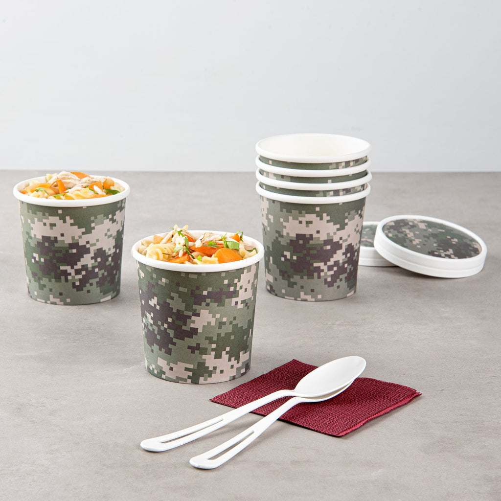 Bio Tek 12 oz Round Camouflage Paper Soup Container - 3 1/2" x 3 1/2" x 3 1/2" - 200 count box