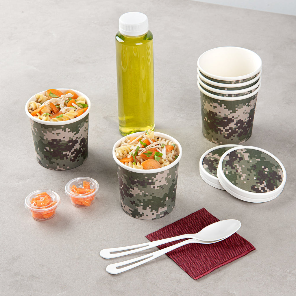 Bio Tek 12 oz Round Camouflage Paper Soup Container - 3 1/2" x 3 1/2" x 3 1/2" - 200 count box