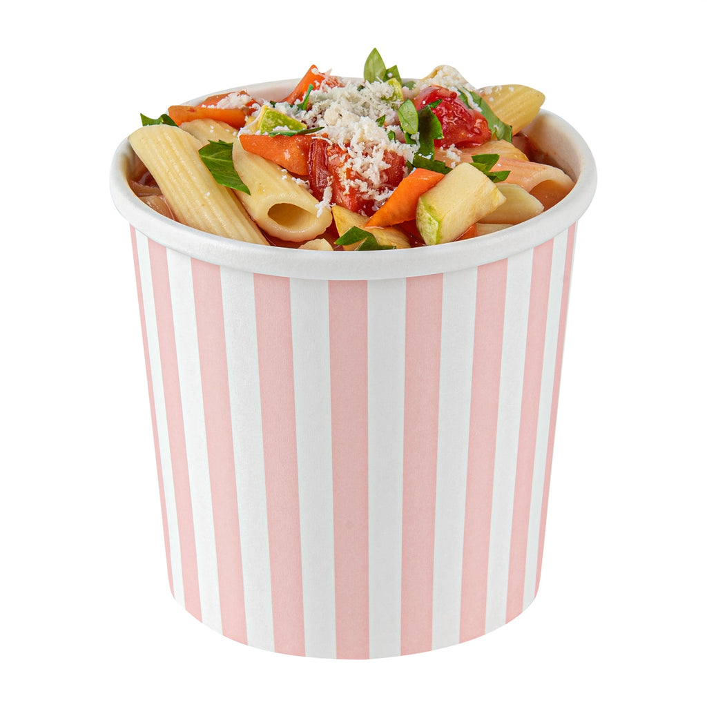 Bio Tek 12 oz Round Pink and White Stripe Paper Soup Container - 3 1/2" x 3 1/2" x 3 1/2" - 25 count box