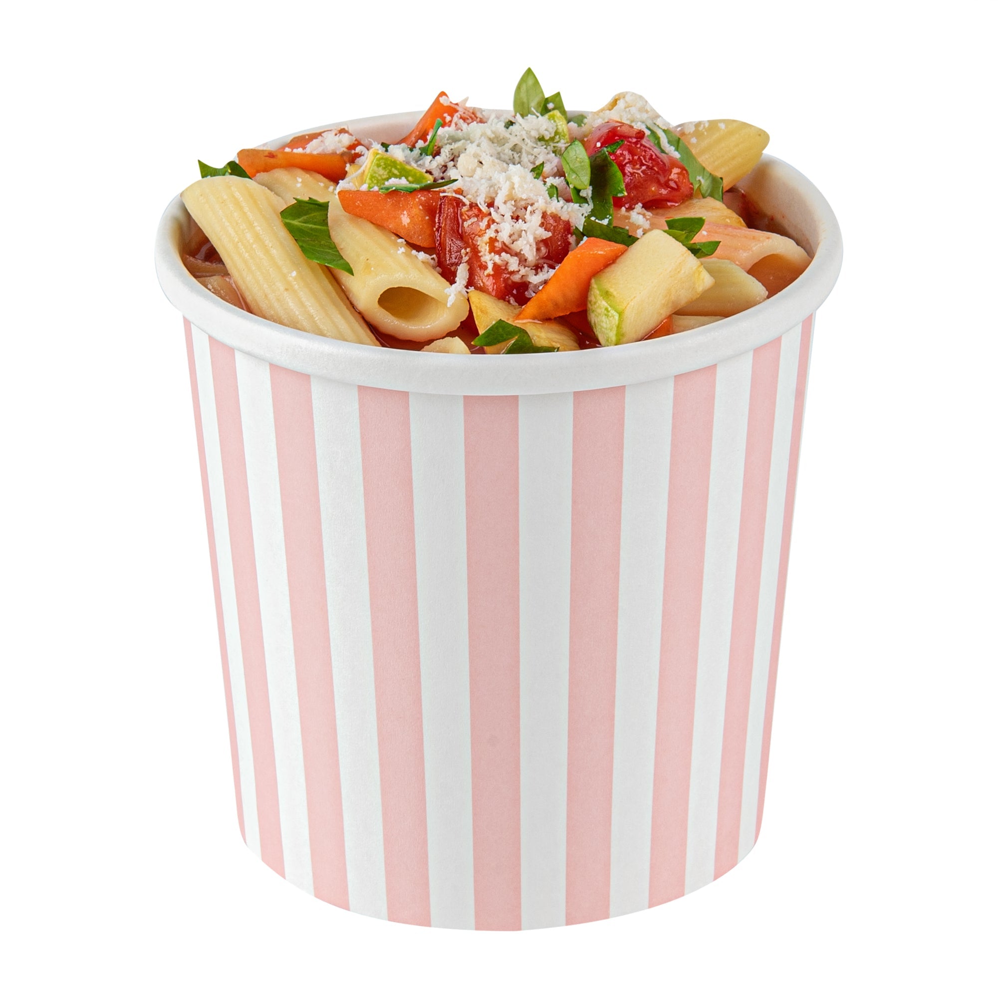 Bio Tek 12 oz Round Pink and White Stripe Paper Soup Container - 3 1/2" x 3 1/2" x 3 1/2" - 25 count box