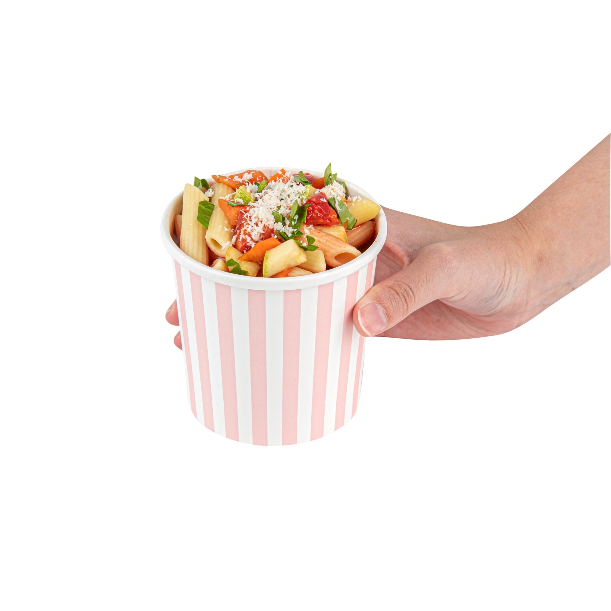 Bio Tek 12 oz Round Pink and White Stripe Paper Soup Container - 3 1/2" x 3 1/2" x 3 1/2" - 25 count box