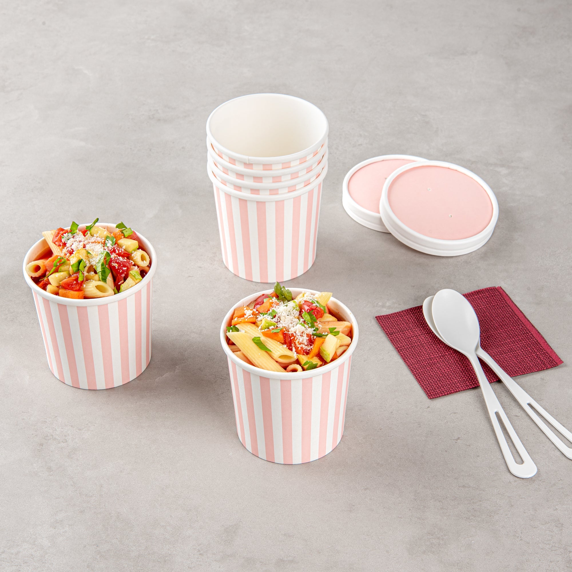 Bio Tek 12 oz Round Pink and White Stripe Paper Soup Container - 3 1/2" x 3 1/2" x 3 1/2" - 25 count box