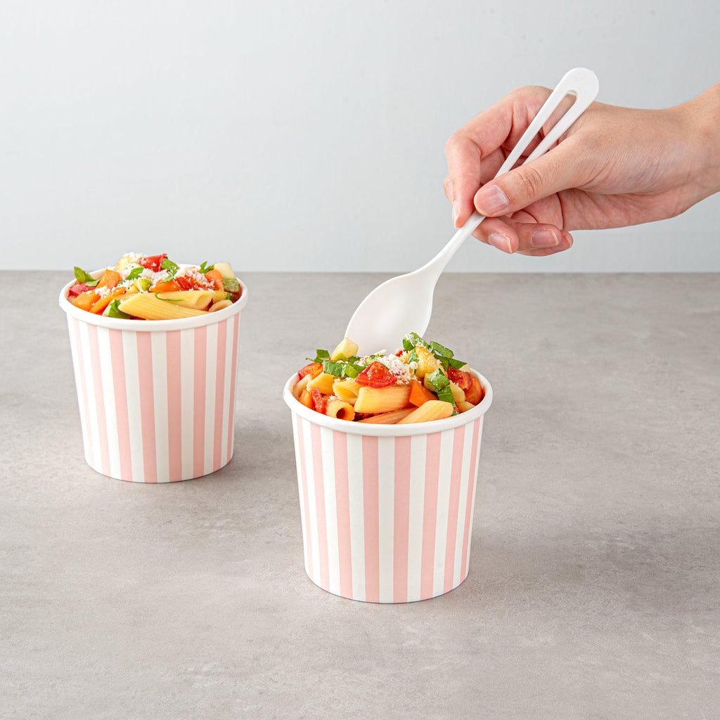 Bio Tek 12 oz Round Pink and White Stripe Paper Soup Container - 3 1/2" x 3 1/2" x 3 1/2" - 25 count box