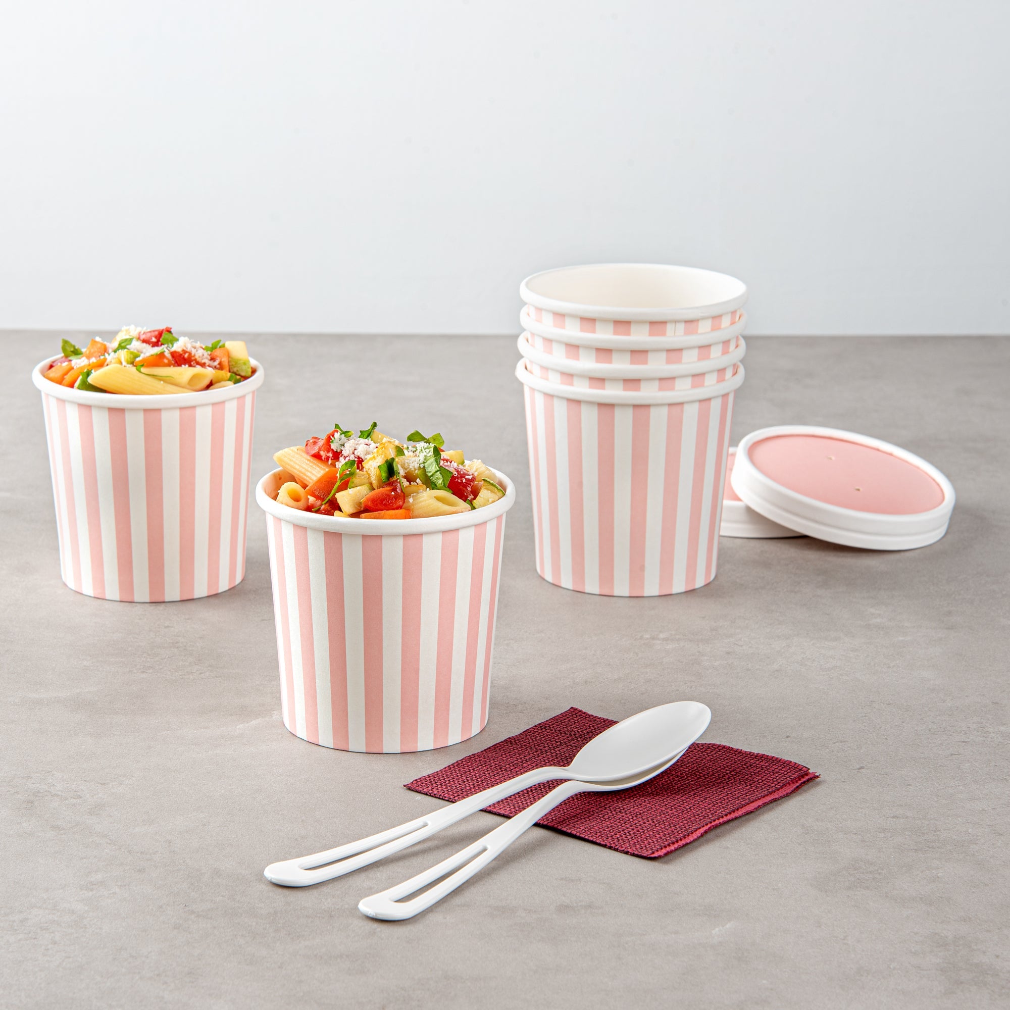 Bio Tek 12 oz Round Pink and White Stripe Paper Soup Container - 3 1/2" x 3 1/2" x 3 1/2" - 200 count box