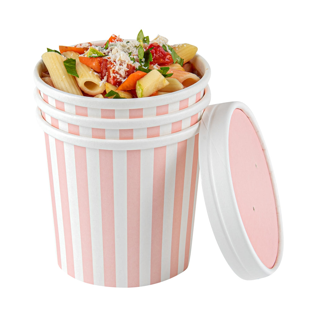 Bio Tek 12 oz Round Pink and White Stripe Paper Soup Container - 3 1/2" x 3 1/2" x 3 1/2" - 200 count box