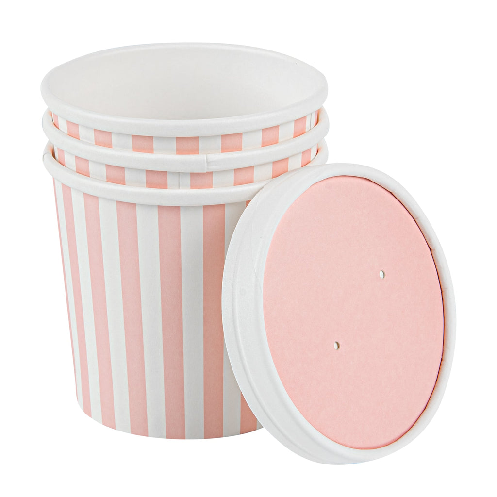 Bio Tek 12 oz Round Pink and White Stripe Paper Soup Container - 3 1/2" x 3 1/2" x 3 1/2" - 200 count box