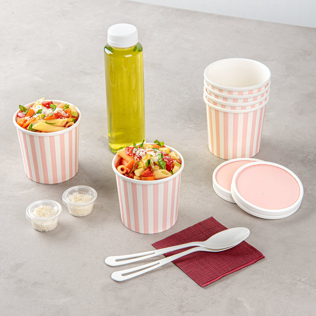 Bio Tek 12 oz Round Pink and White Stripe Paper Soup Container - 3 1/2" x 3 1/2" x 3 1/2" - 200 count box
