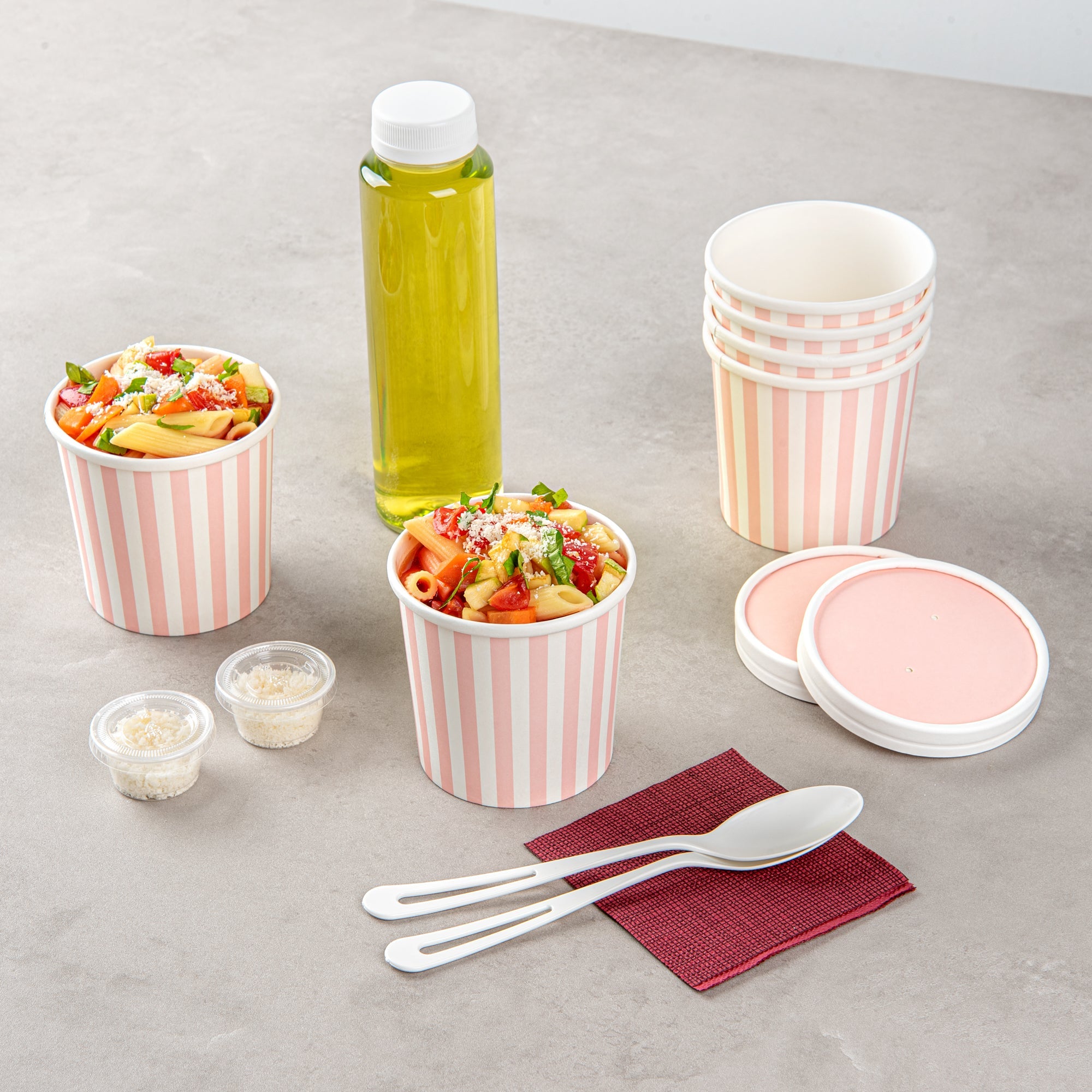 Bio Tek 12 oz Round Pink and White Stripe Paper Soup Container - 3 1/2" x 3 1/2" x 3 1/2" - 200 count box