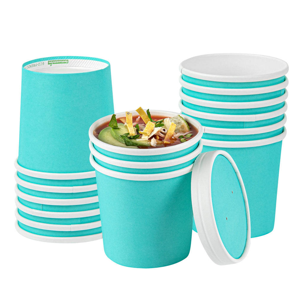Bio Tek 12 oz Round Turquoise Paper Soup Container - 3 1/2" x 3 1/2" x 3 1/2" - 25 count box