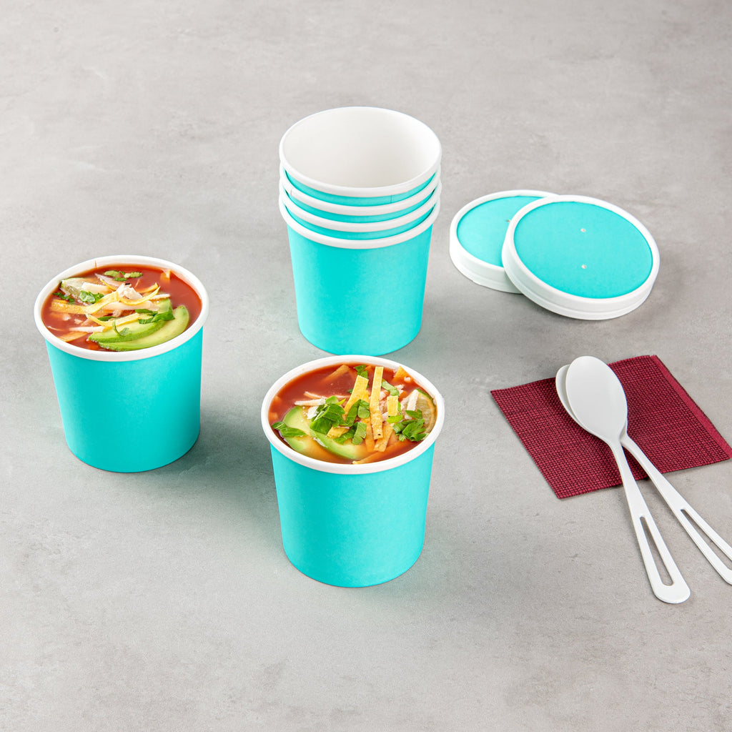 Bio Tek 12 oz Round Turquoise Paper Soup Container - 3 1/2" x 3 1/2" x 3 1/2" - 25 count box