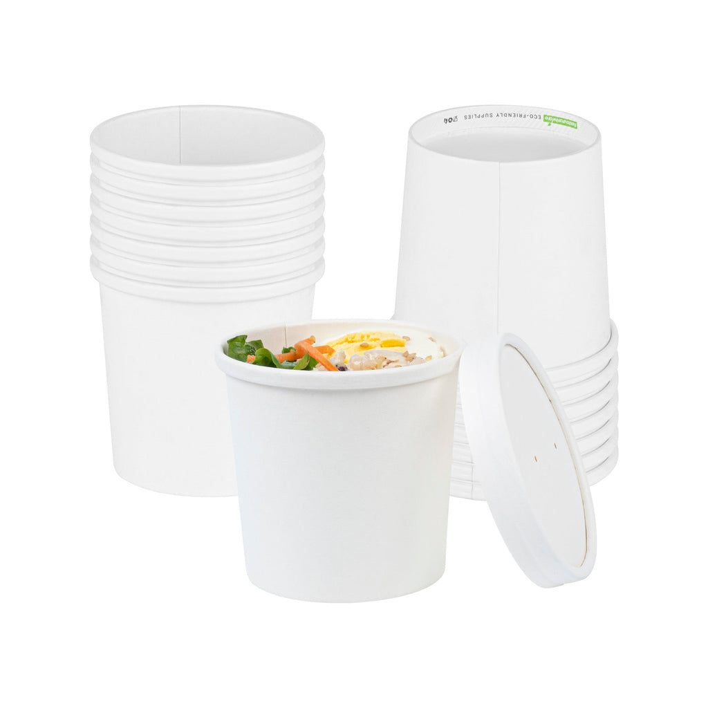 Bio Tek 12 oz Round White Paper Soup Container - 3 1/2" x 3 1/2" x 3 1/2" - 25 count box