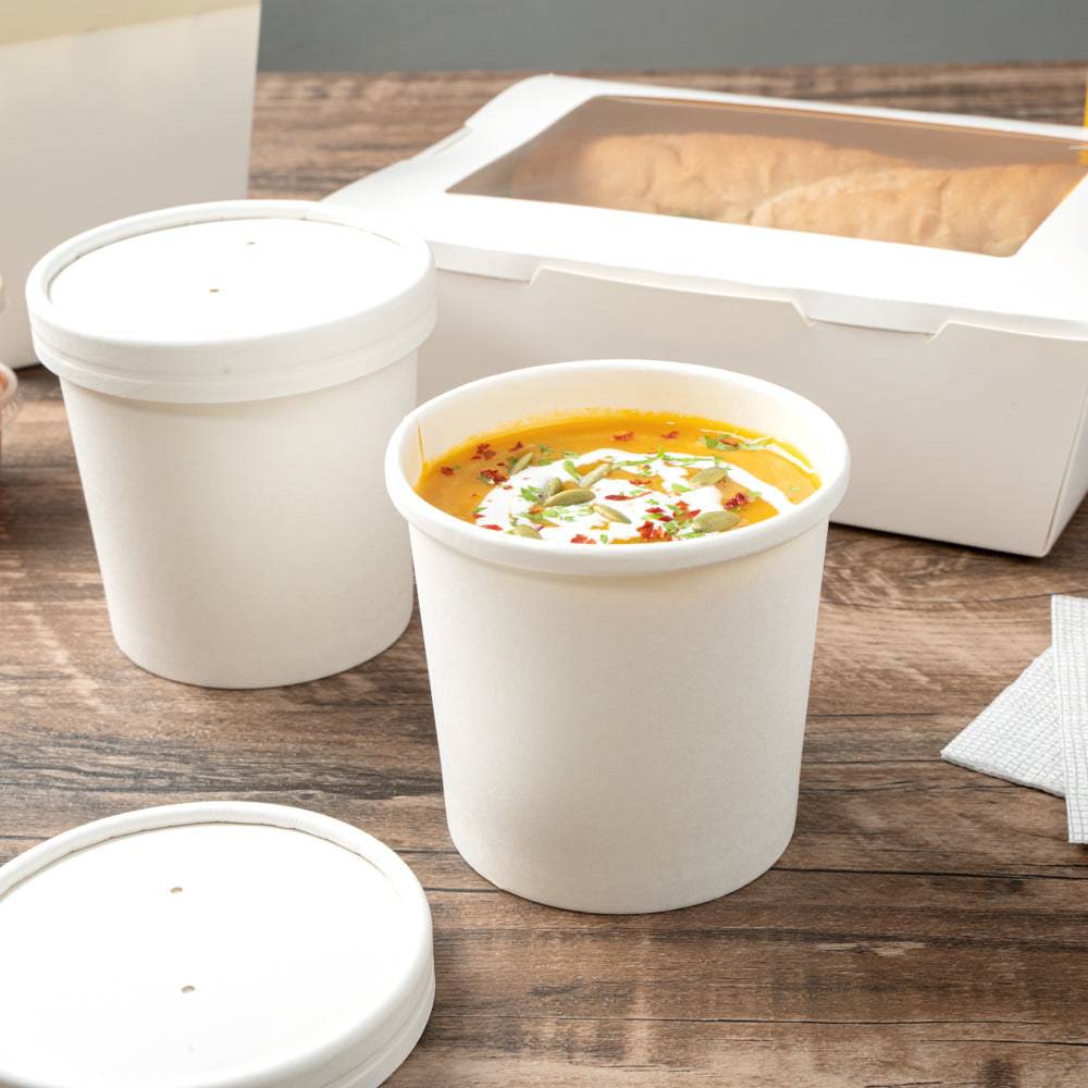 Bio Tek 12 oz Round White Paper Soup Container - 3 1/2" x 3 1/2" x 3 1/2" - 25 count box