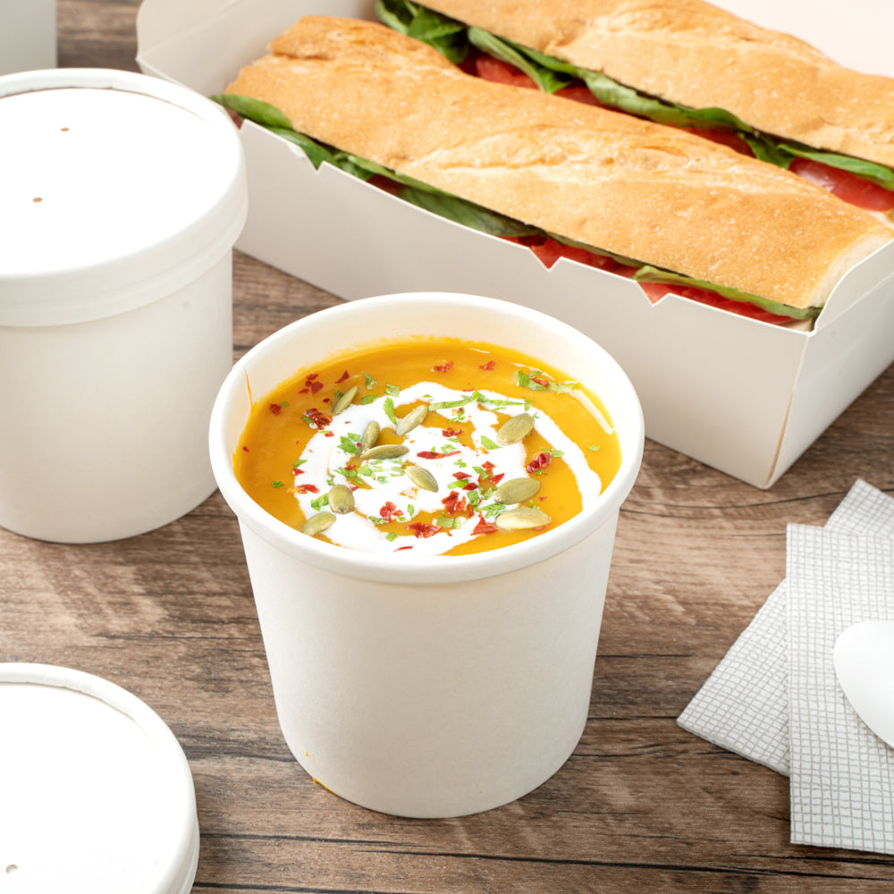 Bio Tek 12 oz Round White Paper Soup Container - 3 1/2" x 3 1/2" x 3 1/2" - 25 count box