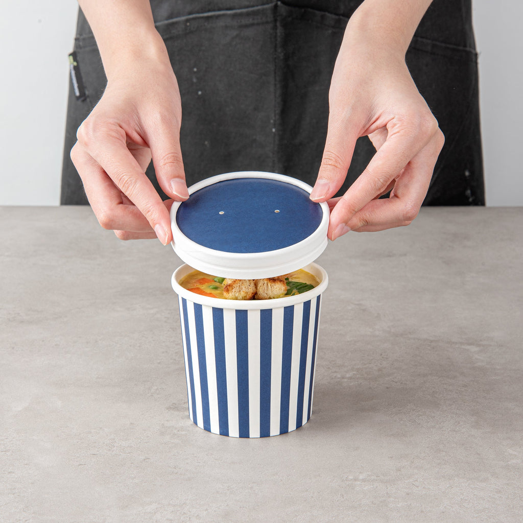 Bio Tek Round Blue and White Stripe Paper Soup Container Lid - Fits 12 oz - 25 count box