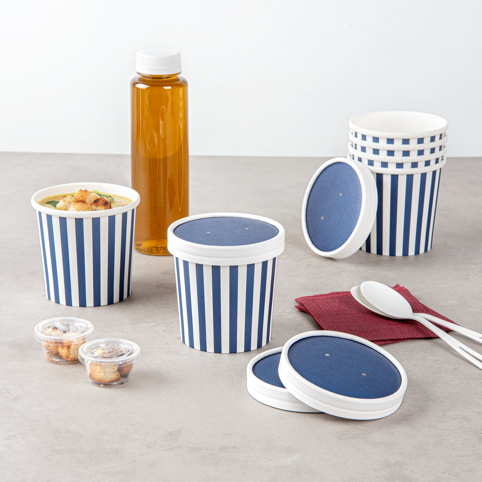 Bio Tek Round Blue and White Stripe Paper Soup Container Lid - Fits 12 oz - 25 count box
