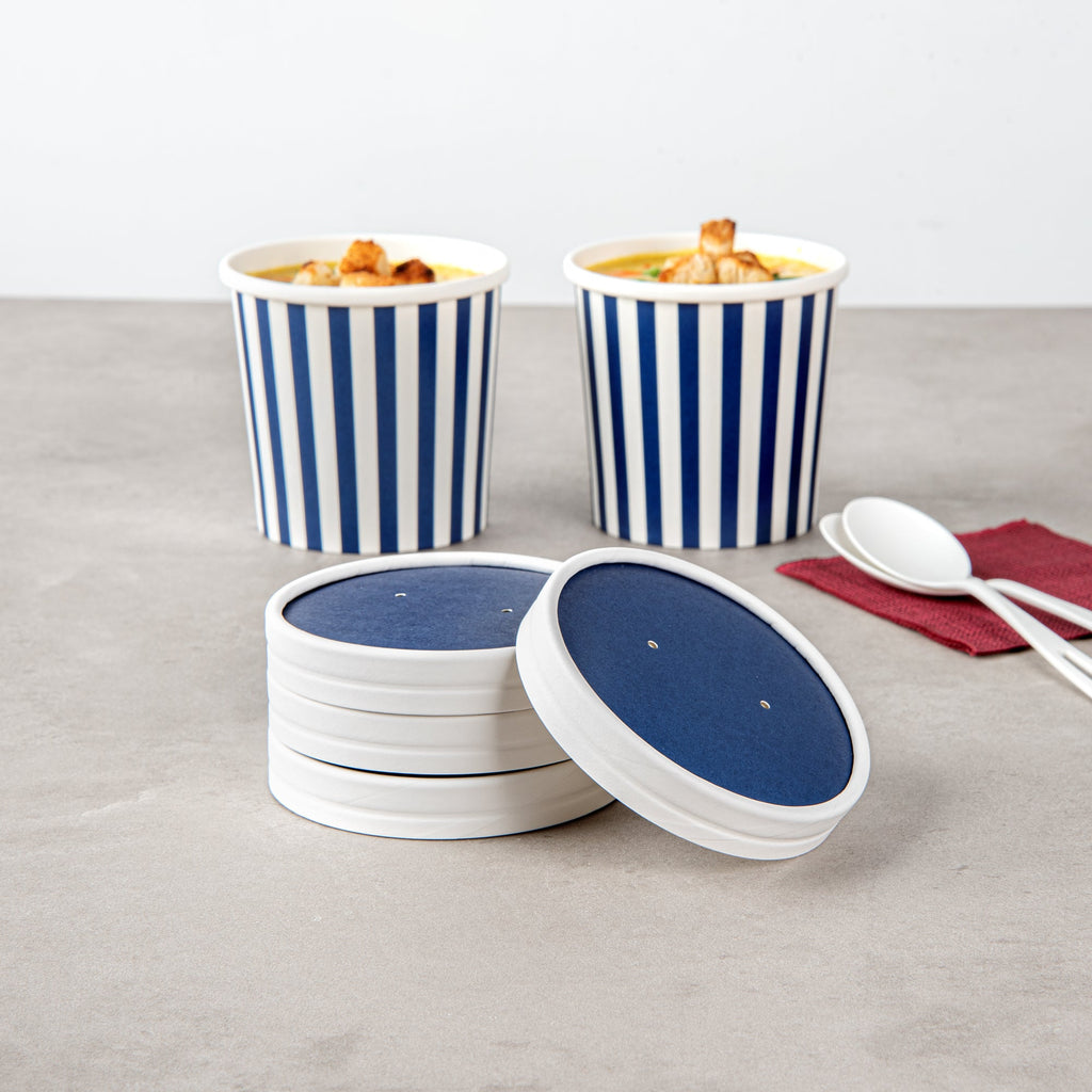 Bio Tek Round Blue and White Stripe Paper Soup Container Lid - Fits 12 oz - 200 count box