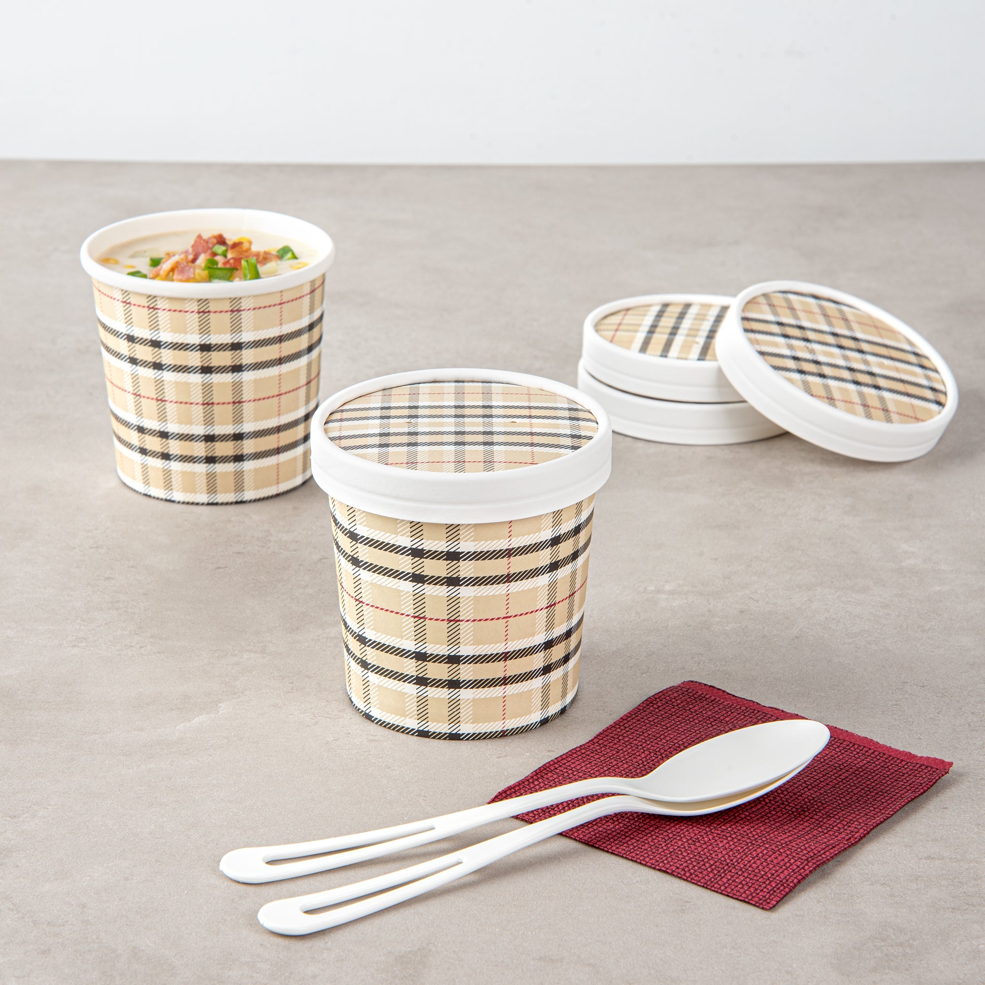 Bio Tek Round Plaid Paper Soup Container Lid - Fits 12 oz - 25 count box