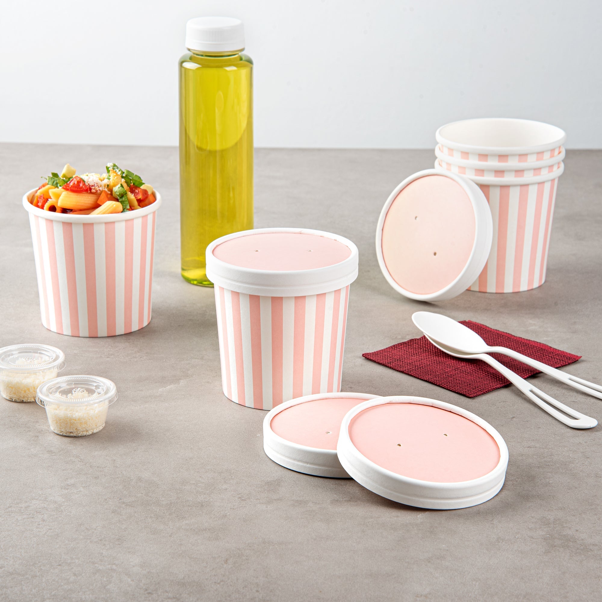 Bio Tek Round Pink and White Stripe Paper Soup Container Lid - Fits 12 oz - 25 count box