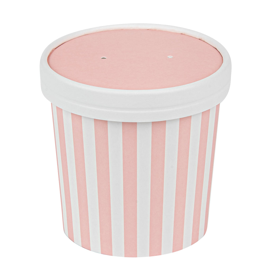 Bio Tek Round Pink and White Stripe Paper Soup Container Lid - Fits 12 oz - 200 count box