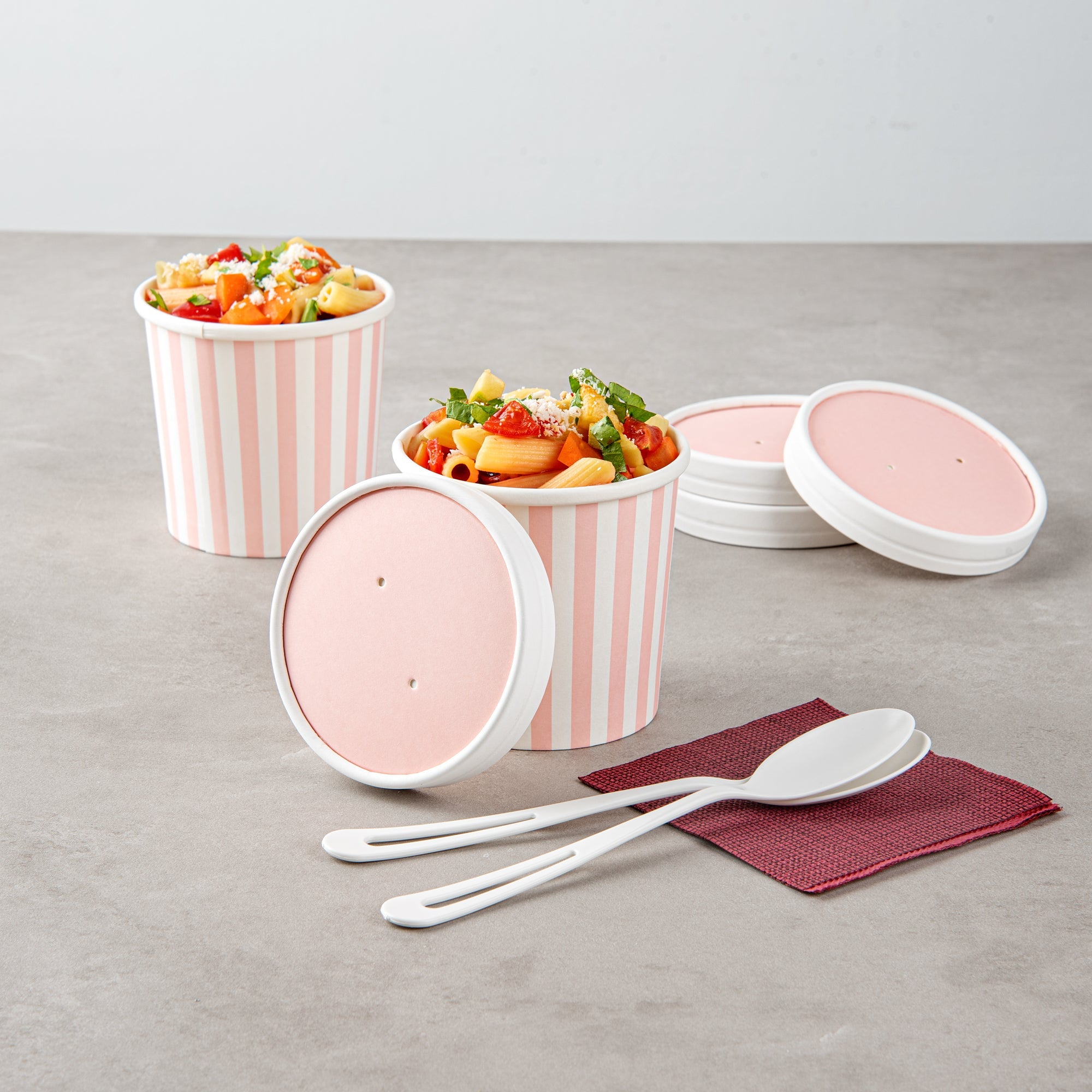 Bio Tek Round Pink and White Stripe Paper Soup Container Lid - Fits 12 oz - 200 count box