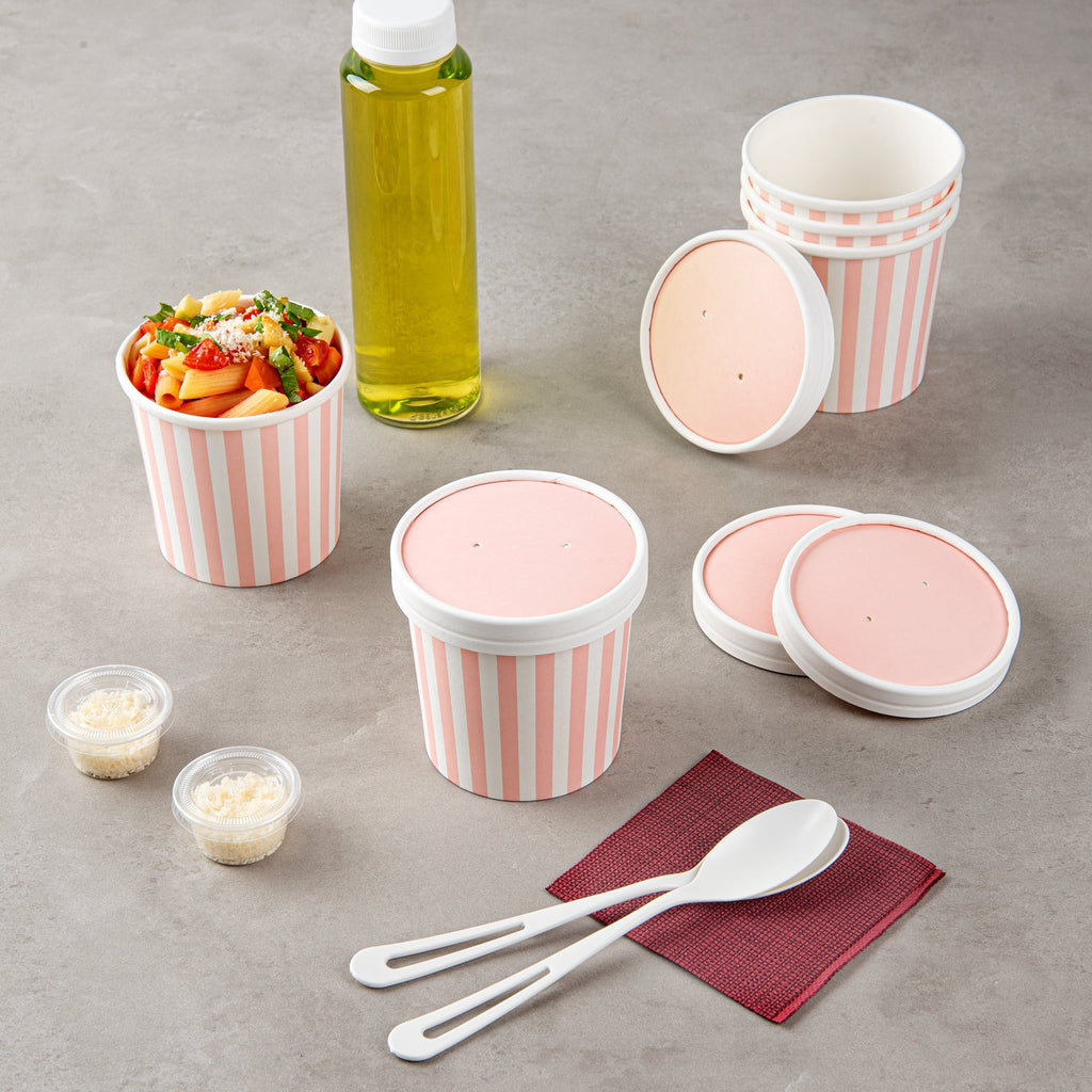 Bio Tek Round Pink and White Stripe Paper Soup Container Lid - Fits 12 oz - 200 count box