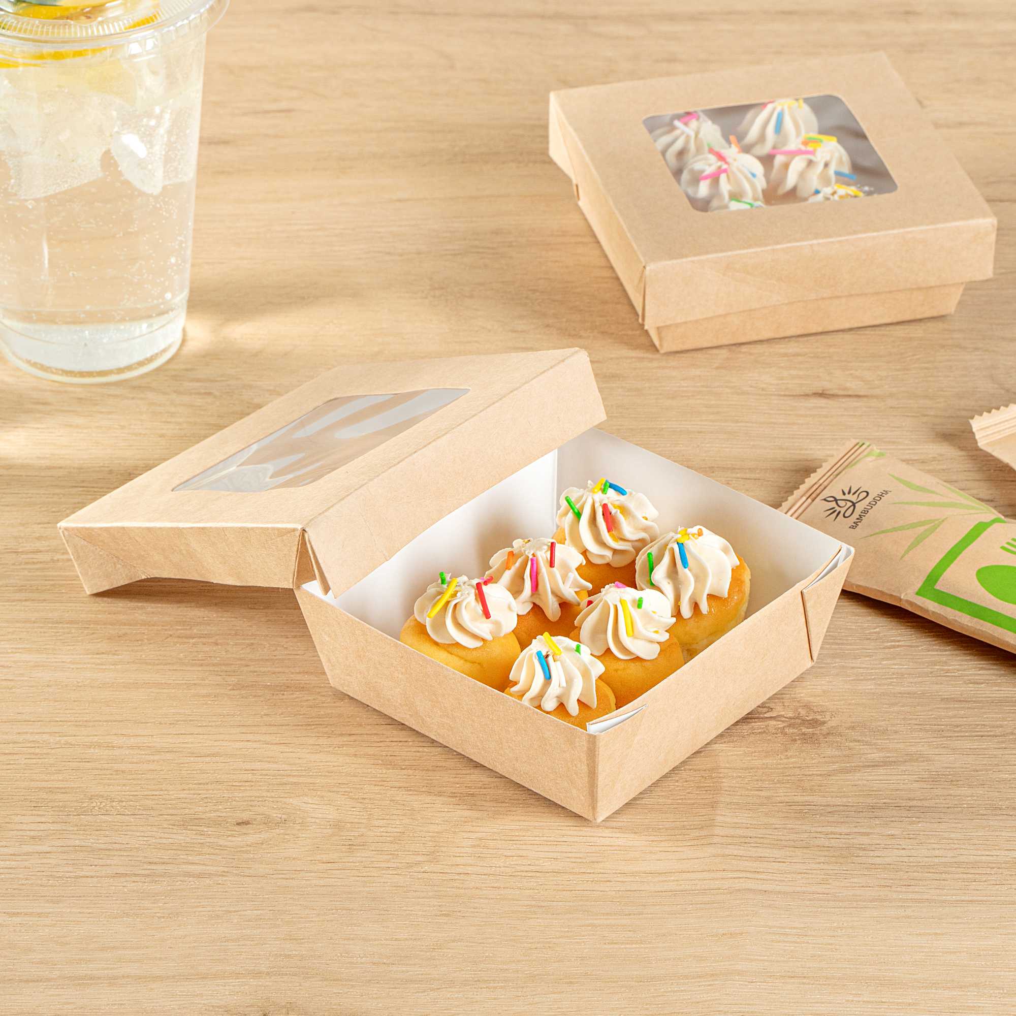 Cafe Vision 13 oz Square Kraft Paper Small Take Out Container - 4 1/2" x 4 1/2" x 1 1/2" - 25 count box
