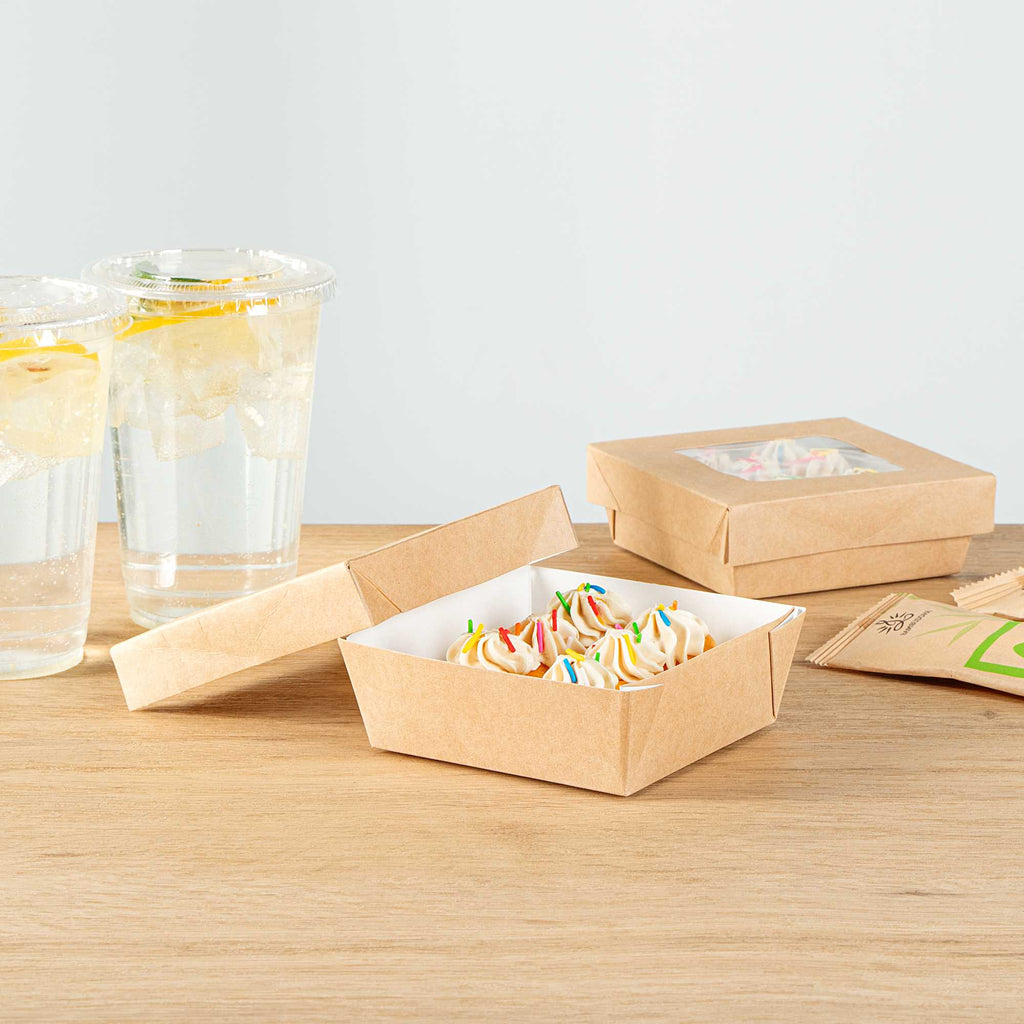 Cafe Vision 13 oz Square Kraft Paper Small Take Out Container - 4 1/2" x 4 1/2" x 1 1/2" - 25 count box