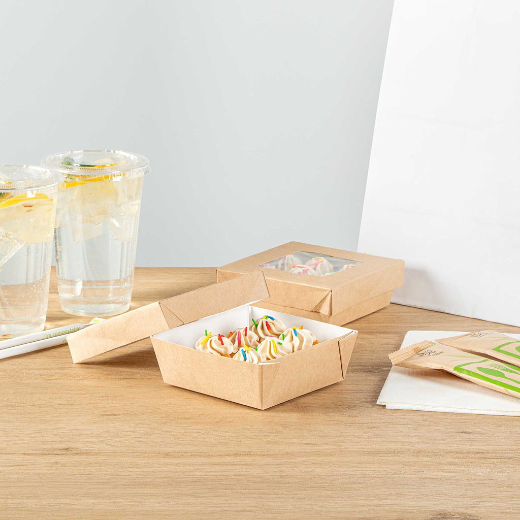 Cafe Vision 13 oz Square Kraft Paper Small Take Out Container - 4 1/2" x 4 1/2" x 1 1/2" - 25 count box