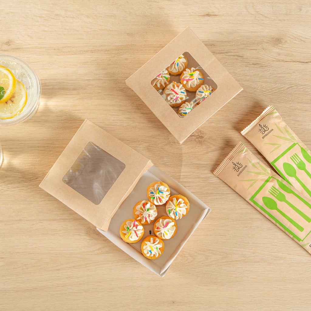 Cafe Vision 13 oz Square Kraft Paper Small Take Out Container - 4 1/2" x 4 1/2" x 1 1/2" - 200 count box