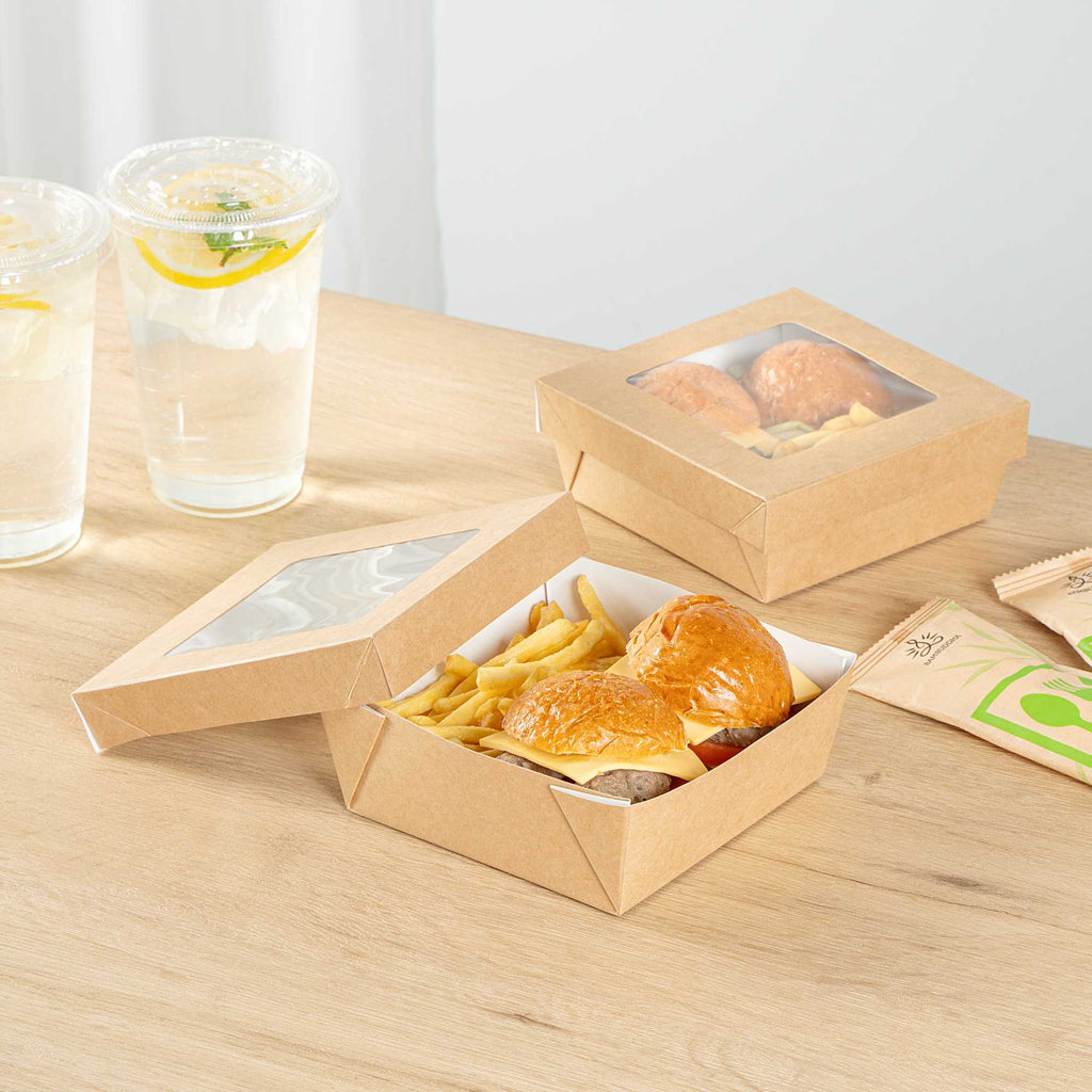 Cafe Vision 27 oz Square Kraft Paper Medium Take Out Container - 5 1/4" x 5 1/4" x 2" - 25 count box