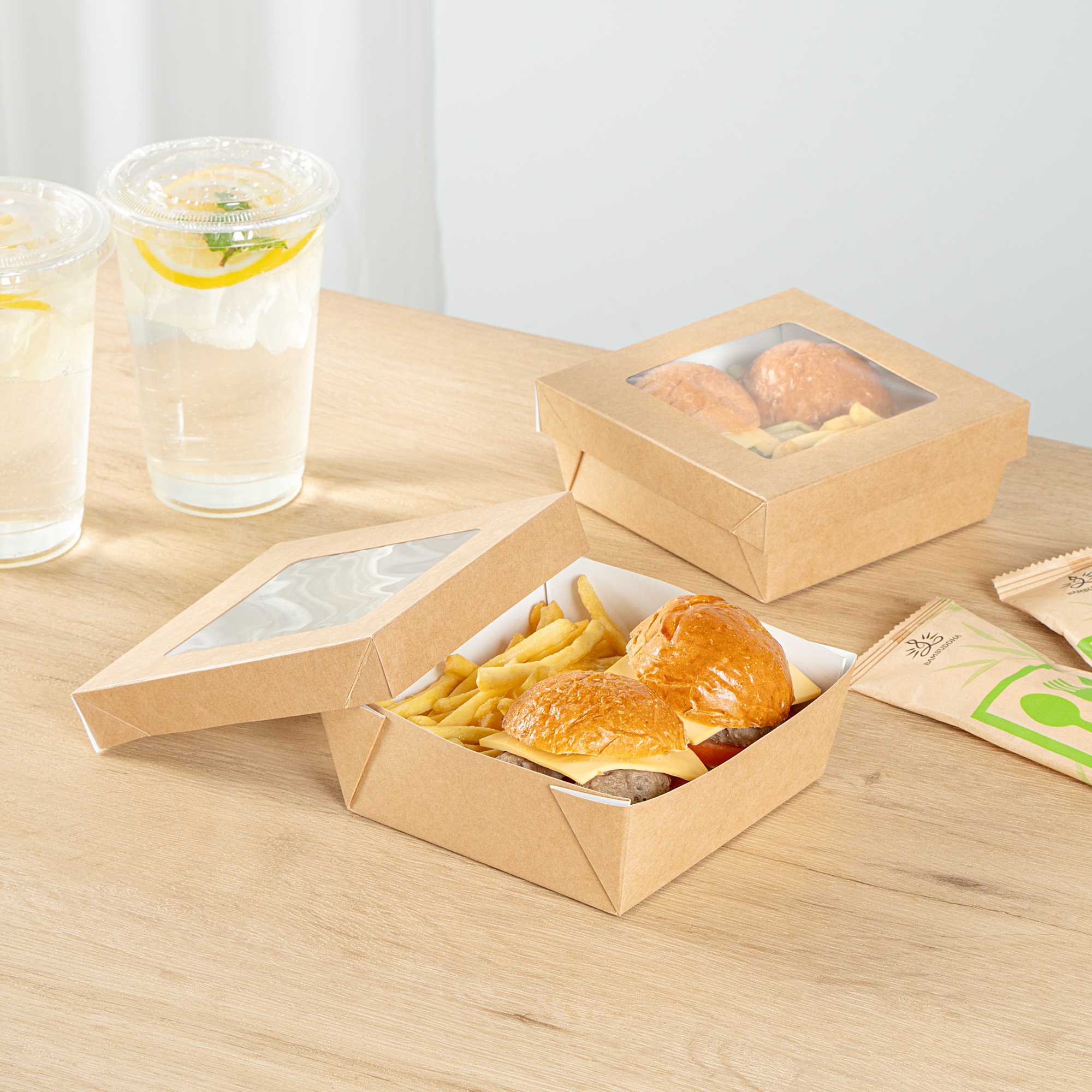 Cafe Vision 27 oz Square Kraft Paper Medium Take Out Container - 5 1/4" x 5 1/4" x 2" - 25 count box