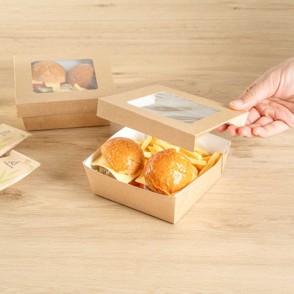 Cafe Vision 27 oz Square Kraft Paper Medium Take Out Container - 5 1/4" x 5 1/4" x 2" - 25 count box
