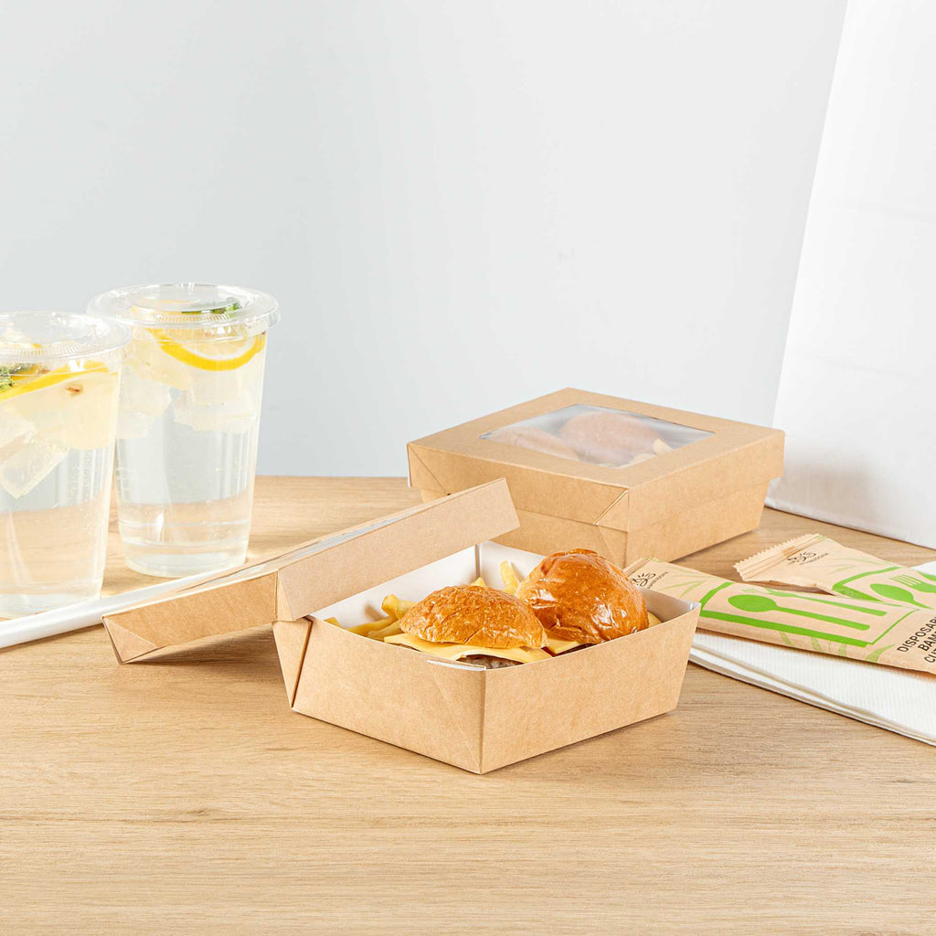 Cafe Vision 27 oz Square Kraft Paper Medium Take Out Container - 5 1/4" x 5 1/4" x 2" - 200 count box