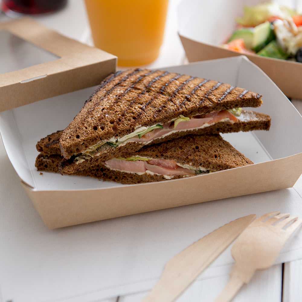 Cafe Vision 34 oz Rectangle Kraft Paper Large Take Out Container - 8 1/2" x 5 1/4" x 1 1/2" - 200 count box