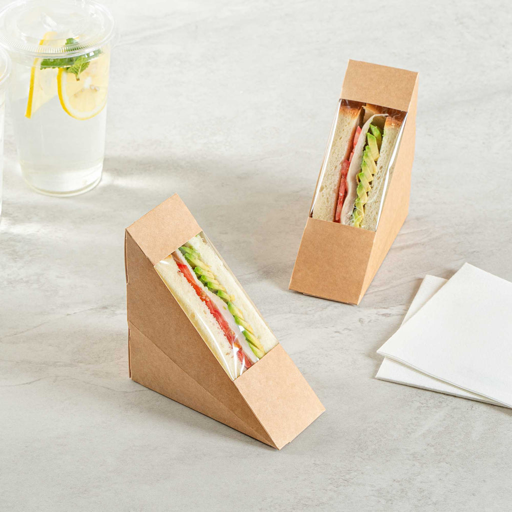 Cafe Vision Triangle Kraft Paper Small Sandwich Box - 4 3/4" x 4 3/4" x 2" - 25 count box