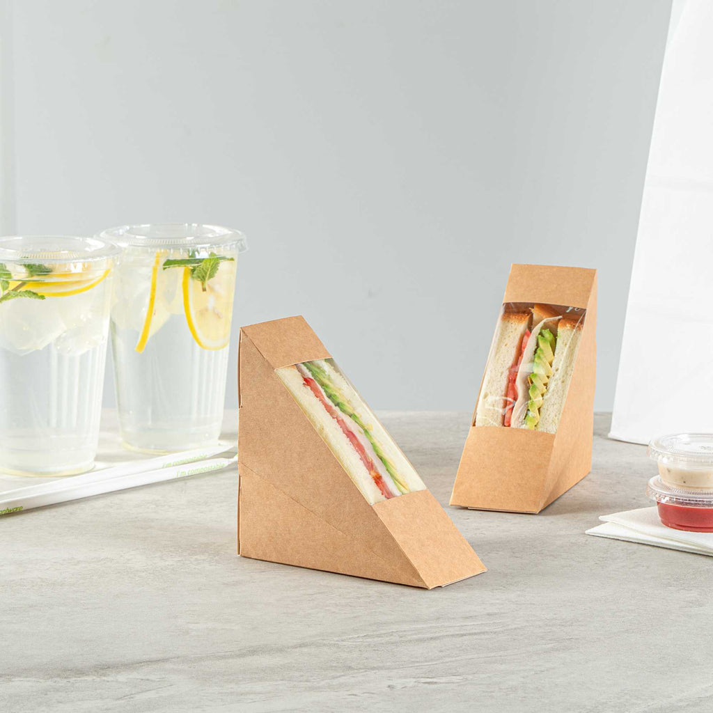 Cafe Vision Triangle Kraft Paper Small Sandwich Box - 4 3/4" x 4 3/4" x 2" - 25 count box