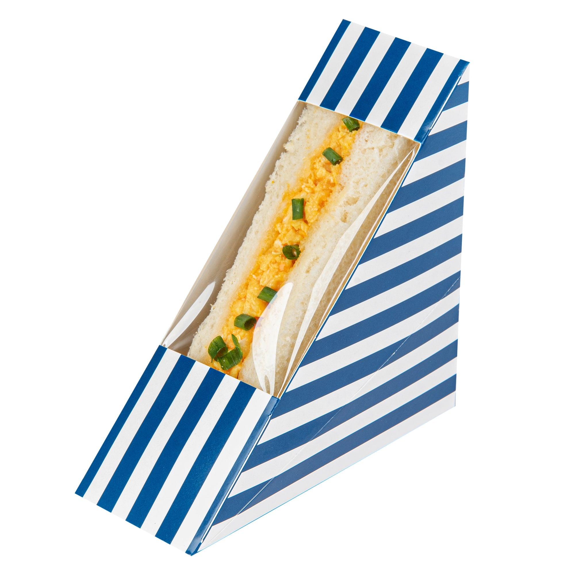 Cafe Vision Triangle Blue and White Stripe Paper Small Sandwich Box - 4 3/4" x 4 3/4" x 2" - 25 count box