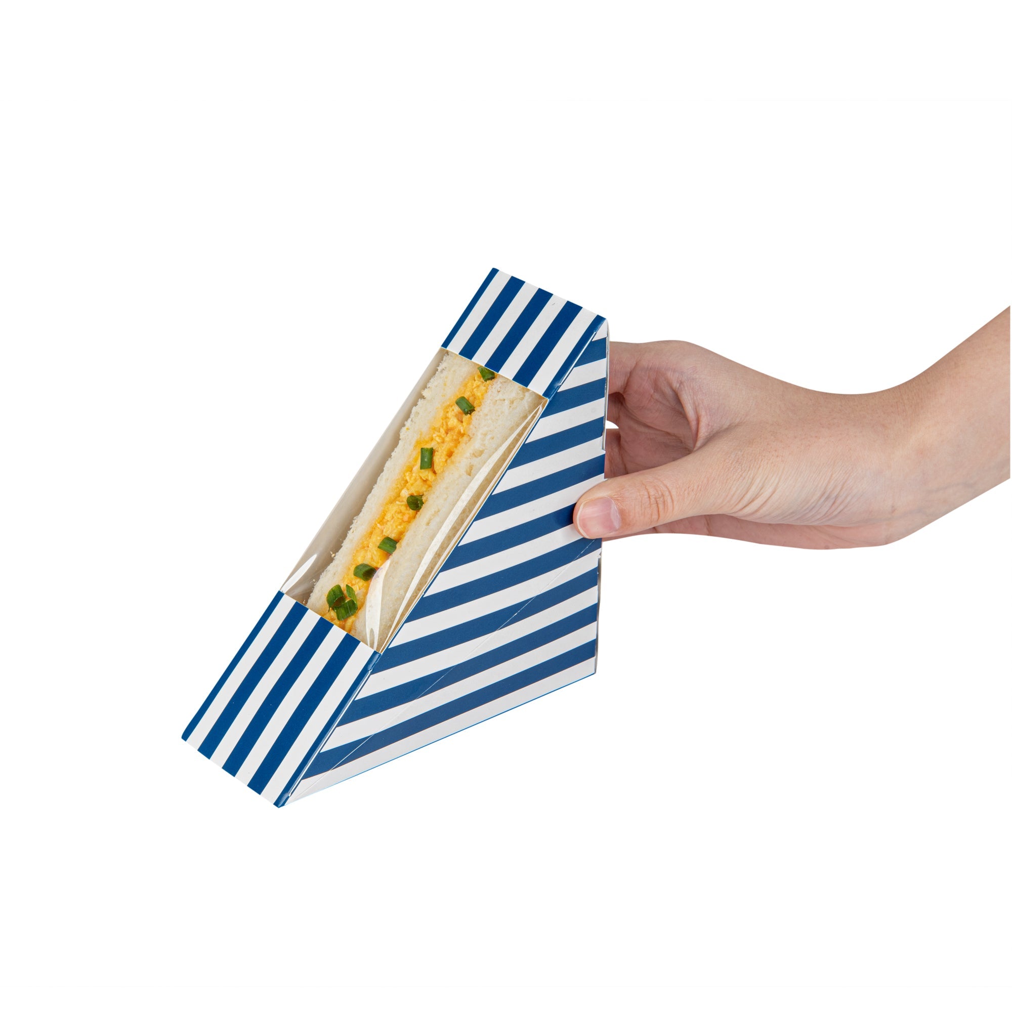 Cafe Vision Triangle Blue and White Stripe Paper Small Sandwich Box - 4 3/4" x 4 3/4" x 2" - 25 count box